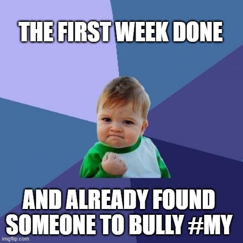 Success Kid | THE FIRST WEEK DONE; AND ALREADY FOUND SOMEONE TO BULLY #MY | image tagged in memes,success kid | made w/ Imgflip meme maker
