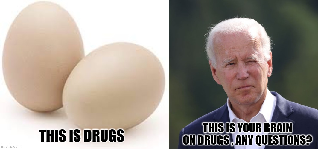 Brain dead Biden | THIS IS YOUR BRAIN ON DRUGS , ANY QUESTIONS? THIS IS DRUGS | image tagged in president | made w/ Imgflip meme maker