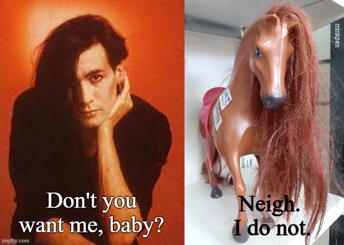 Pathetic, I know.  Really sorry. |  minkpen; Neigh.  I do not. Don't you want me, baby? | image tagged in 80s music,human league,phil oakey,my little pony,1980s,80s | made w/ Imgflip meme maker