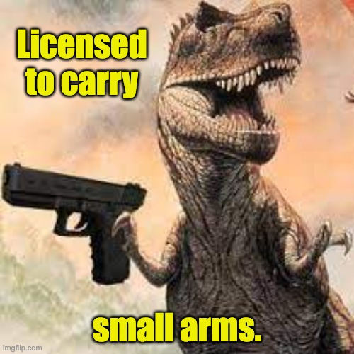 T-Rex | Licensed to carry; small arms. | image tagged in bad pun | made w/ Imgflip meme maker
