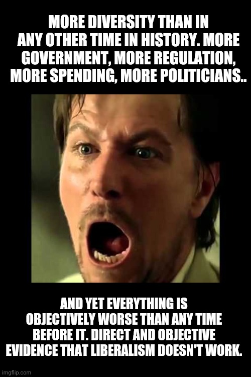 Professional Gary Oldman | MORE DIVERSITY THAN IN ANY OTHER TIME IN HISTORY. MORE GOVERNMENT, MORE REGULATION, MORE SPENDING, MORE POLITICIANS.. AND YET EVERYTHING IS OBJECTIVELY WORSE THAN ANY TIME BEFORE IT. DIRECT AND OBJECTIVE EVIDENCE THAT LIBERALISM DOESN'T WORK. | image tagged in professional gary oldman | made w/ Imgflip meme maker