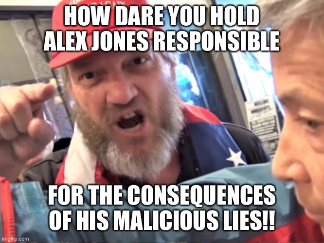 Angry Trump Supporter | HOW DARE YOU HOLD ALEX JONES RESPONSIBLE; FOR THE CONSEQUENCES OF HIS MALICIOUS LIES!! | image tagged in angry trump supporter | made w/ Imgflip meme maker