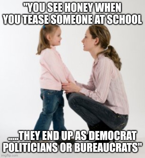 So true....so true | "YOU SEE HONEY WHEN YOU TEASE SOMEONE AT SCHOOL; .....THEY END UP AS DEMOCRAT POLITICIANS OR BUREAUCRATS" | image tagged in parenting raising children girl asking mommy why discipline demo | made w/ Imgflip meme maker
