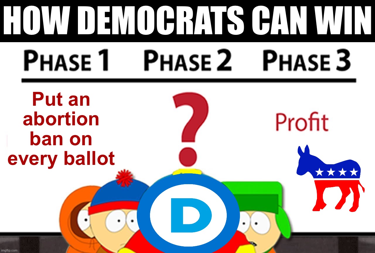 Lessons from Kansas: One weird trick to drive up turnout! | HOW DEMOCRATS CAN WIN; Put an abortion ban on every ballot | image tagged in phase 1 phase 2 phase 3 profit,kansas,democrats,dnc,abortion,pro-choice | made w/ Imgflip meme maker