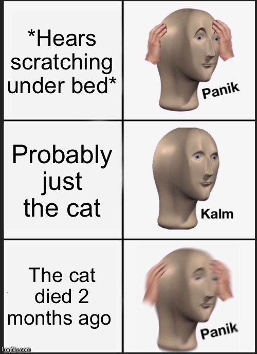 The cat is dead! | *Hears scratching under bed*; Probably just the cat; The cat died 2 months ago | image tagged in memes,panik kalm panik | made w/ Imgflip meme maker