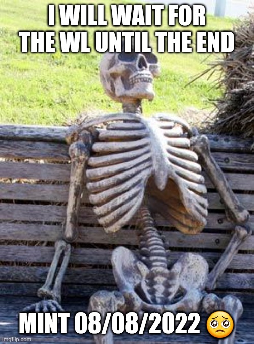 Waiting Skeleton Meme | I WILL WAIT FOR THE WL UNTIL THE END; MINT 08/08/2022 🥺 | image tagged in memes,waiting skeleton | made w/ Imgflip meme maker