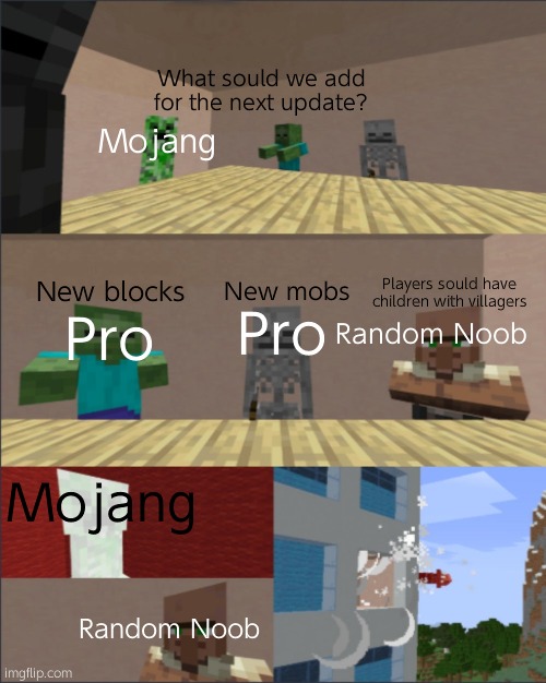 Minecraft boardroom meeting | What sould we add for the next update? Mojang; New blocks; New mobs; Players sould have children with villagers; Pro; Pro; Random Noob; Mojang; Random Noob | image tagged in minecraft boardroom meeting | made w/ Imgflip meme maker