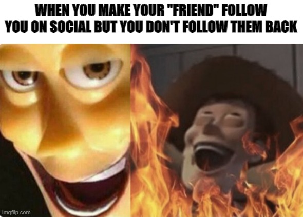 true story | WHEN YOU MAKE YOUR "FRIEND" FOLLOW YOU ON SOCIAL BUT YOU DON'T FOLLOW THEM BACK | image tagged in satanic woody no spacing | made w/ Imgflip meme maker