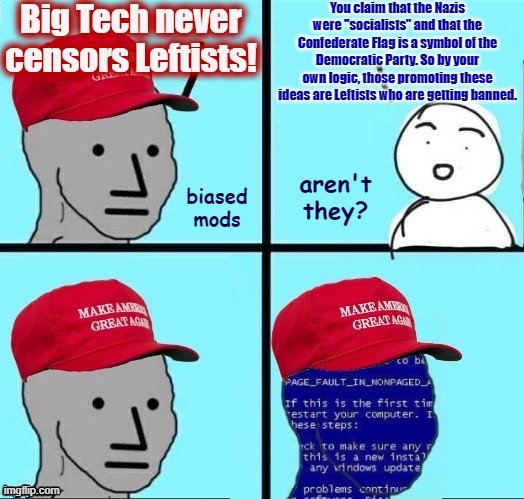 Troll of the Day: Rightie "censorship" whiners | Big Tech never censors Leftists! You claim that the Nazis were "socialists" and that the Confederate Flag is a symbol of the Democratic Party. So by your own logic, those promoting these ideas are Leftists who are getting banned. aren't they? biased mods | image tagged in npc maga blue screen fixed textboxes,internet trolls,censorship | made w/ Imgflip meme maker
