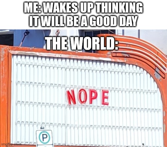 Nope | ME: WAKES UP THINKING IT WILL BE A GOOD DAY; THE WORLD: | image tagged in nope sign | made w/ Imgflip meme maker