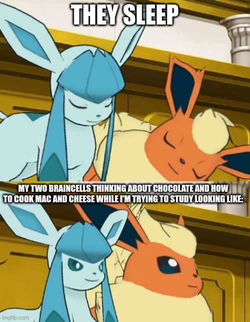 THEY SLEEP; MY TWO BRAINCELLS THINKING ABOUT CHOCOLATE AND HOW TO COOK MAC AND CHEESE WHILE I'M TRYING TO STUDY LOOKING LIKE: | made w/ Imgflip meme maker