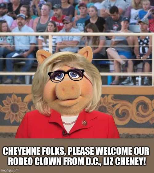 Liz Cheney’s new rodeo clown job. | CHEYENNE FOLKS, PLEASE WELCOME OUR 
RODEO CLOWN FROM D.C., LIZ CHENEY! | image tagged in rino,never trump,liar,fraud,criminal | made w/ Imgflip meme maker
