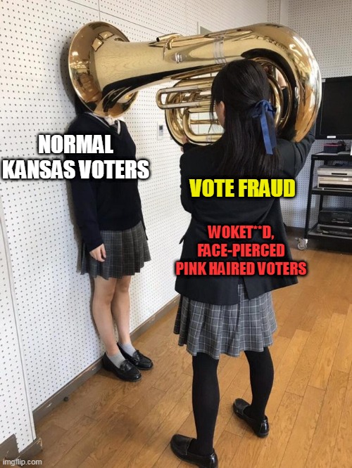 Kansas abortion vote | NORMAL KANSAS VOTERS; VOTE FRAUD; WOKET**D, FACE-PIERCED PINK HAIRED VOTERS | image tagged in girl putting tuba on girl's head,kansas,abortion | made w/ Imgflip meme maker