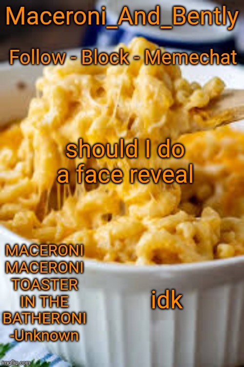 Maceroni temp | should I do a face reveal; idk | image tagged in maceroni temp | made w/ Imgflip meme maker