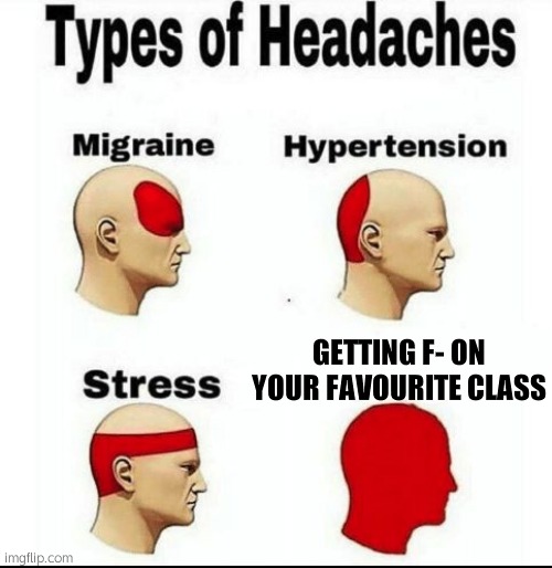 OOF | GETTING F- ON YOUR FAVOURITE CLASS | image tagged in types of headaches meme | made w/ Imgflip meme maker