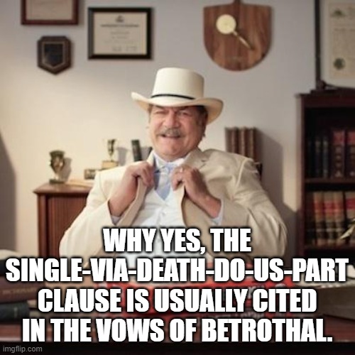 Small Town Pizza Lawyer | WHY YES, THE SINGLE-VIA-DEATH-DO-US-PART CLAUSE IS USUALLY CITED IN THE VOWS OF BETROTHAL. | image tagged in small town pizza lawyer | made w/ Imgflip meme maker