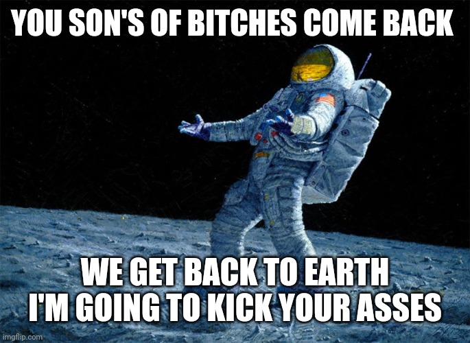 astronaut | YOU SON'S OF BITCHES COME BACK WE GET BACK TO EARTH I'M GOING TO KICK YOUR ASSES | image tagged in astronaut | made w/ Imgflip meme maker
