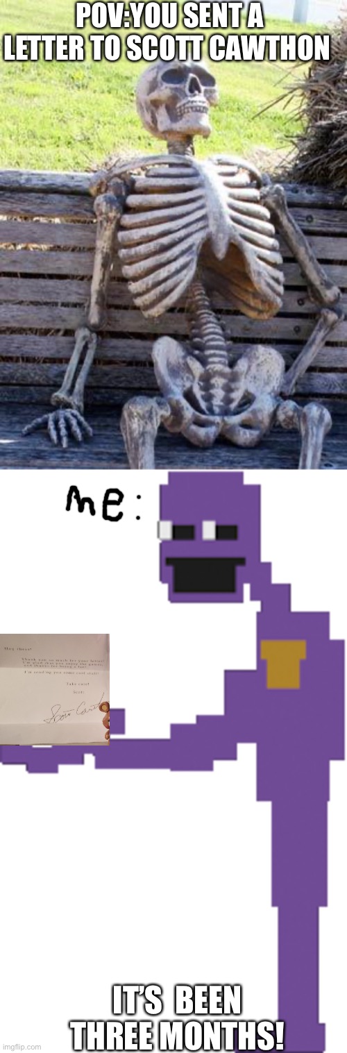 Now I will have to wait after I send mine UGH | POV:YOU SENT A LETTER TO SCOTT CAWTHON; IT’S  BEEN THREE MONTHS! | image tagged in memes,waiting skeleton,it's been so long | made w/ Imgflip meme maker