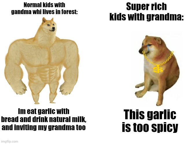 Buff Doge vs. Cheems Meme | Normal kids with gandma whi lives in forest:; Super rich kids with grandma:; Im eat garlic with bread and drink natural milk, and inviting my grandma too; This garlic is too spicy | image tagged in memes,buff doge vs cheems | made w/ Imgflip meme maker