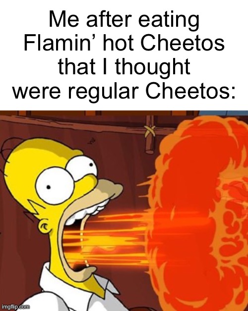 I just can’t handle spicy stuff | Me after eating Flamin’ hot Cheetos that I thought were regular Cheetos: | image tagged in homer simpson,funny | made w/ Imgflip meme maker