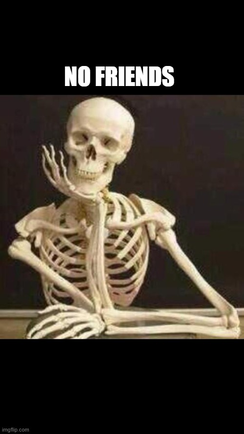 skeleton waiting | NO FRIENDS | image tagged in skeleton waiting | made w/ Imgflip meme maker