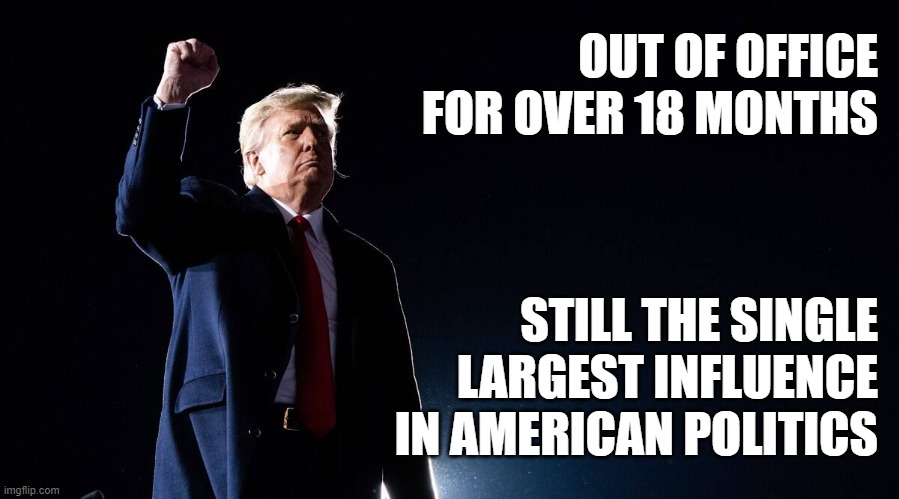 Primary all the RINOs, they said | OUT OF OFFICE
FOR OVER 18 MONTHS; STILL THE SINGLE
LARGEST INFLUENCE
IN AMERICAN POLITICS | image tagged in triggered,snowflakes,libtards,trump | made w/ Imgflip meme maker