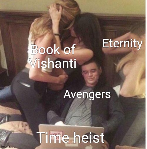 Avengers distracted by time heist | Eternity; Book of Vishanti; Avengers; Time heist | image tagged in man distracted by laptop | made w/ Imgflip meme maker