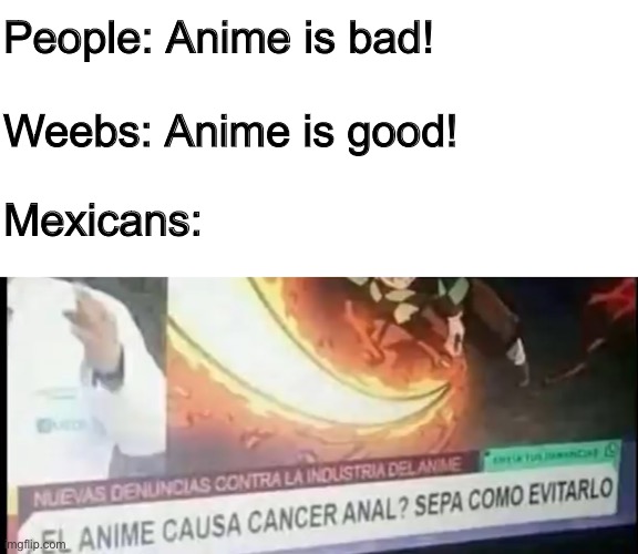 ¡Ay no! Yo miro a DragonBall por 3 segundos, ¡y ahora tenga leucemia! | People: Anime is bad! Weebs: Anime is good! Mexicans: | image tagged in spanish,anal cancer,memes,anime but not really | made w/ Imgflip meme maker