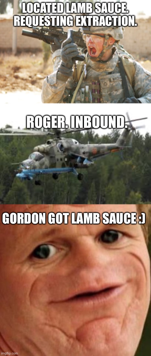 Success :) |  LOCATED LAMB SAUCE. REQUESTING EXTRACTION. ROGER. INBOUND. GORDON GOT LAMB SAUCE :) | image tagged in us army soldier yelling radio iraq war,attack helicopter,sosig | made w/ Imgflip meme maker