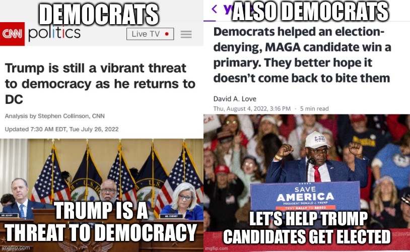 Trump Is A “Threat” To Democracy | ALSO DEMOCRATS; DEMOCRATS; TRUMP IS A THREAT TO DEMOCRACY; LET’S HELP TRUMP CANDIDATES GET ELECTED | image tagged in january 6th sham,trump,crying democrats | made w/ Imgflip meme maker