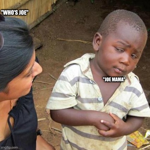 who's joe | "WHO'S JOE"; "JOE MAMA" | image tagged in memes,third world skeptical kid | made w/ Imgflip meme maker