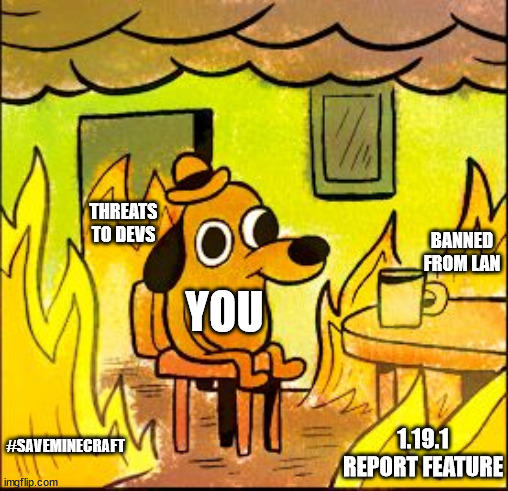 This is fine | YOU #SAVEMINECRAFT 1.19.1 REPORT FEATURE THREATS TO DEVS BANNED FROM LAN | image tagged in this is fine | made w/ Imgflip meme maker