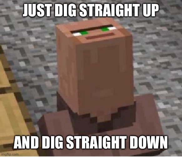 Minecraft Villager Looking Up | JUST DIG STRAIGHT UP AND DIG STRAIGHT DOWN | image tagged in minecraft villager looking up | made w/ Imgflip meme maker