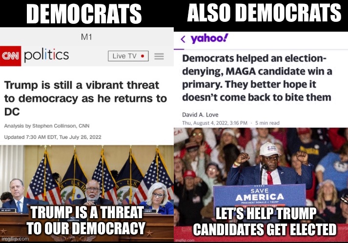 Trump Is A “Threat” To Democracy | ALSO DEMOCRATS; DEMOCRATS; LET’S HELP TRUMP CANDIDATES GET ELECTED; TRUMP IS A THREAT TO OUR DEMOCRACY | image tagged in trump,crying democrats,january 6th sham | made w/ Imgflip meme maker