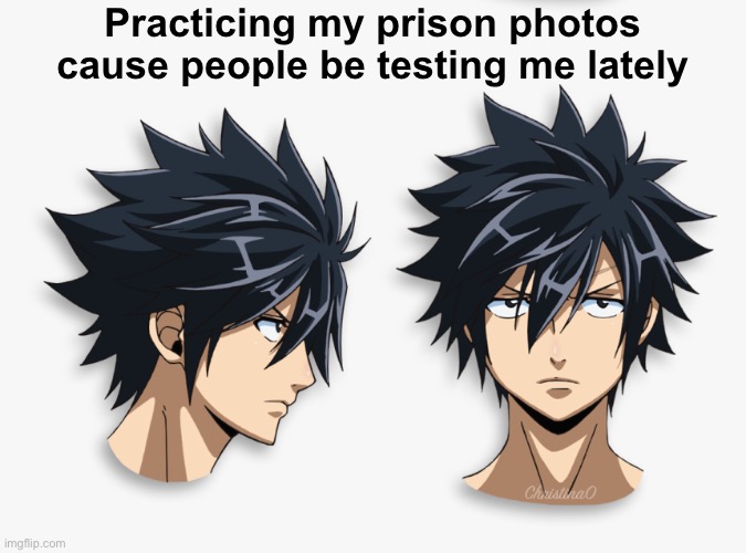 Fairy Tail Prison photos | Practicing my prison photos cause people be testing me lately; ChristinaO | image tagged in memes,fairy tail,fairy tail meme,gray fullbuster,anime,anime meme | made w/ Imgflip meme maker