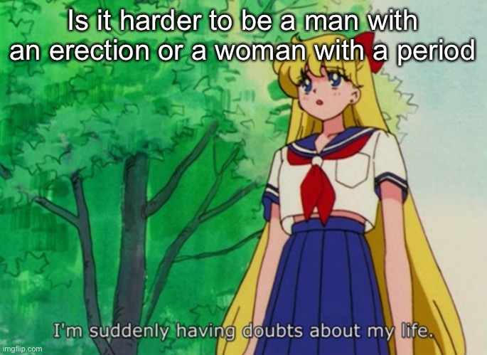 I'm suddenly having doubts about my life | Is it harder to be a man with an erection or a woman with a period | image tagged in i'm suddenly having doubts about my life | made w/ Imgflip meme maker