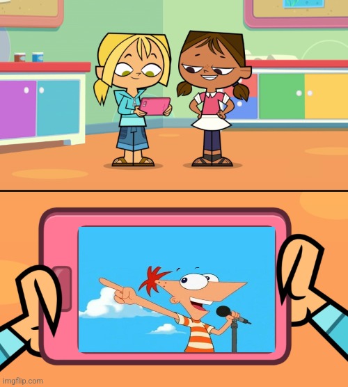 Courtney and Bridgette are Watch Phineas and Ferb | image tagged in bridgette shows courtney a video | made w/ Imgflip meme maker