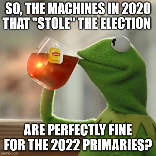 sure is weird, tho | SO, THE MACHINES IN 2020 THAT "STOLE" THE ELECTION; ARE PERFECTLY FINE FOR THE 2022 PRIMARIES? | image tagged in memes,but that's none of my business,kermit the frog | made w/ Imgflip meme maker