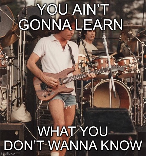 American politics summed up in one perfect GD lyric | YOU AIN’T GONNA LEARN; WHAT YOU DON’T WANNA KNOW | image tagged in politics,grateful dead,ignorance | made w/ Imgflip meme maker