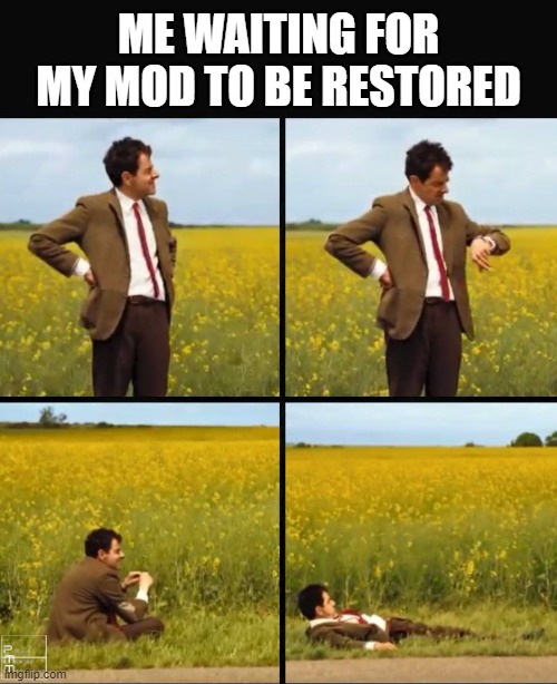 Mr bean waiting | ME WAITING FOR MY MOD TO BE RESTORED | image tagged in mr bean waiting | made w/ Imgflip meme maker