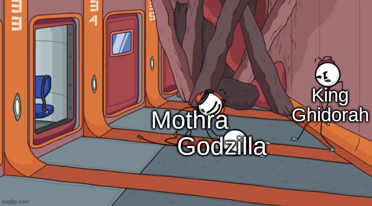 Mothra sacrifice be like (I'm not sure that's accurate) | King Ghidorah; Mothra; Godzilla | image tagged in charles saves henry,mothra,godzilla,king ghidorah,kaiju | made w/ Imgflip meme maker
