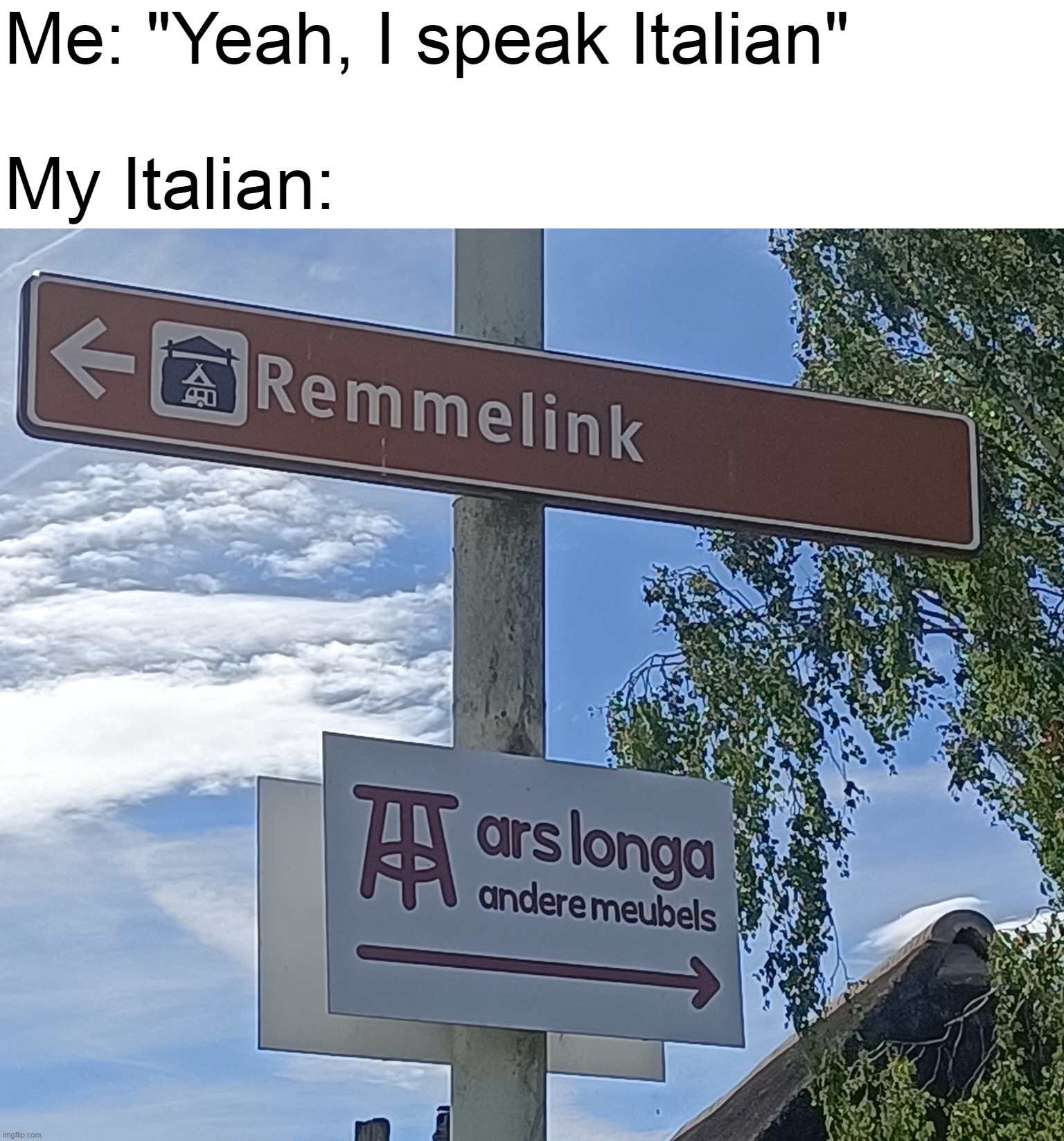 Still Can't Get the Hang of It | Me: "Yeah, I speak Italian"
 
My Italian: | image tagged in meme,memes,humor,signs,sarcasm | made w/ Imgflip meme maker