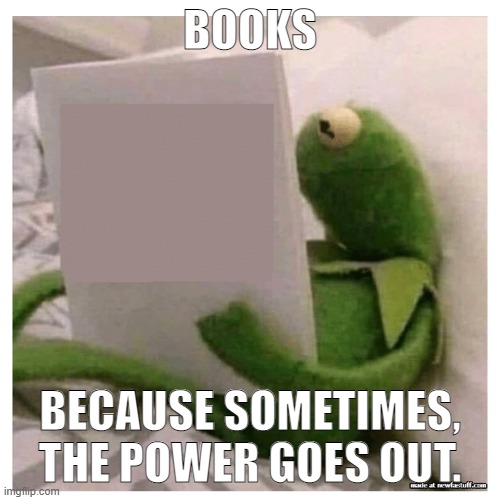 When the power goes out | BOOKS; BECAUSE SOMETIMES, THE POWER GOES OUT. | image tagged in kermit reading book | made w/ Imgflip meme maker