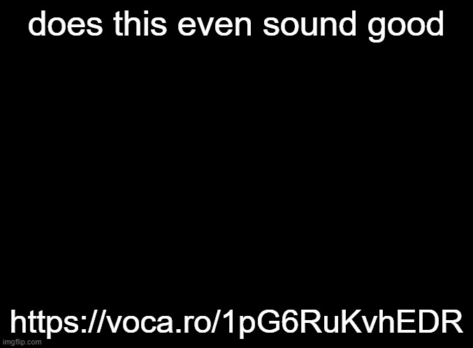 A song I've wanted to put on Spotify for a month now, but I'm hesitant on how it sounds. | does this even sound good; https://voca.ro/1pG6RuKvhEDR | image tagged in blank black | made w/ Imgflip meme maker