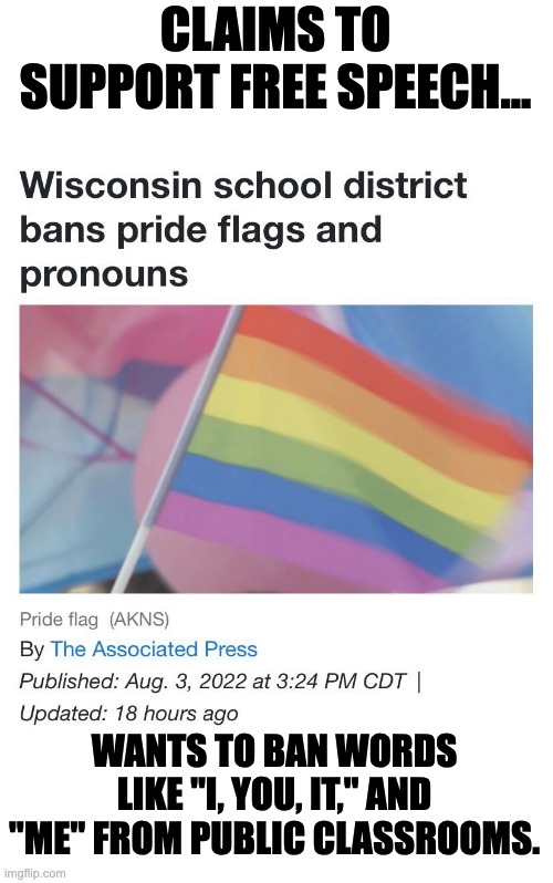 Conservatives are going to war against basic grammar now. | CLAIMS TO SUPPORT FREE SPEECH... WANTS TO BAN WORDS LIKE "I, YOU, IT," AND "ME" FROM PUBLIC CLASSROOMS. | image tagged in pronouns,lgbtq,gay pride flag,republican,hysteria,political correctness | made w/ Imgflip meme maker