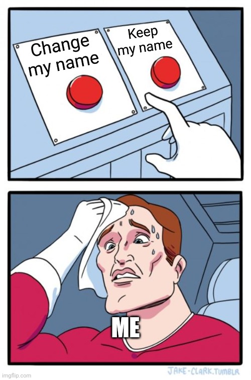 Should I or I shouldn't | Keep my name; Change my name; ME | image tagged in memes,two buttons | made w/ Imgflip meme maker