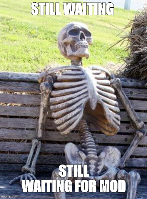 Been waiting since the day arkuhm happened | STILL WAITING; STILL WAITING FOR MOD | image tagged in memes,waiting skeleton | made w/ Imgflip meme maker