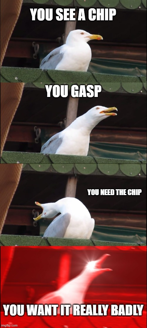 #memes | YOU SEE A CHIP; YOU GASP; YOU NEED THE CHIP; YOU WANT IT REALLY BADLY | image tagged in memes,inhaling seagull | made w/ Imgflip meme maker