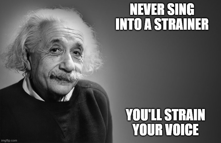 albert einstein quotes | NEVER SING INTO A STRAINER; YOU'LL STRAIN YOUR VOICE | image tagged in albert einstein quotes | made w/ Imgflip meme maker