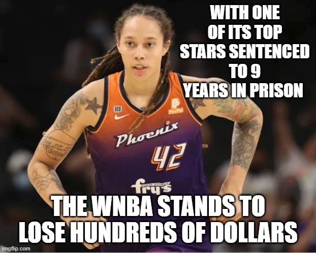 reposted (sort of) for spelling mistake | WITH ONE OF ITS TOP STARS SENTENCED TO 9 YEARS IN PRISON; THE WNBA STANDS TO LOSE HUNDREDS OF DOLLARS | image tagged in brittney griner | made w/ Imgflip meme maker
